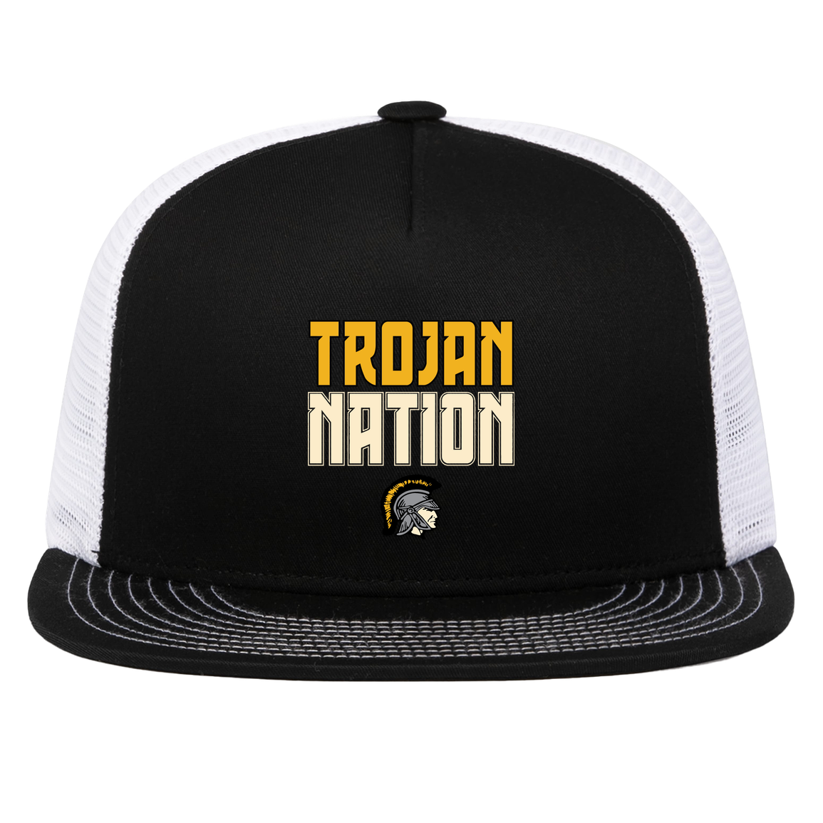tc-trojans-trojan-nation-dark-pacific-headwear-d-series-5-panel-trucker-snapback-cap — Black/White — Front — source sha256 d53b484c633de0b89f2018fed695ce5c75928c9c0ca8d5b062faea5886772947 — Color position 2