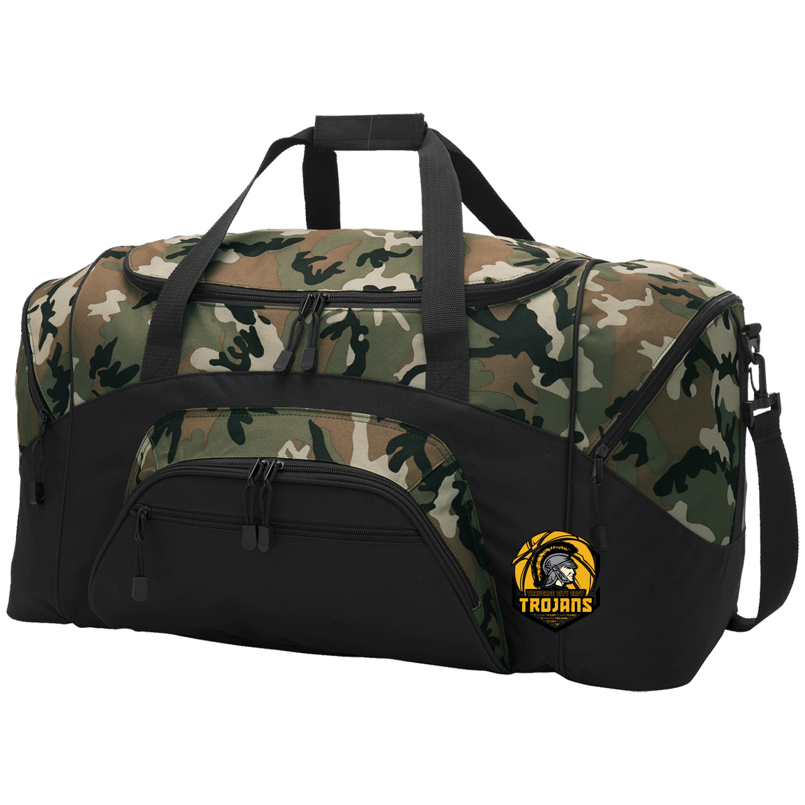 tc-trojans-trojans-team-apparel-port-company-sport-duffel — Black/Camouflage — Front — source sha256 21e1f34f758439b98a5d210494a3f580ebe5a926e675a960617b4f010780934d — Color position 3