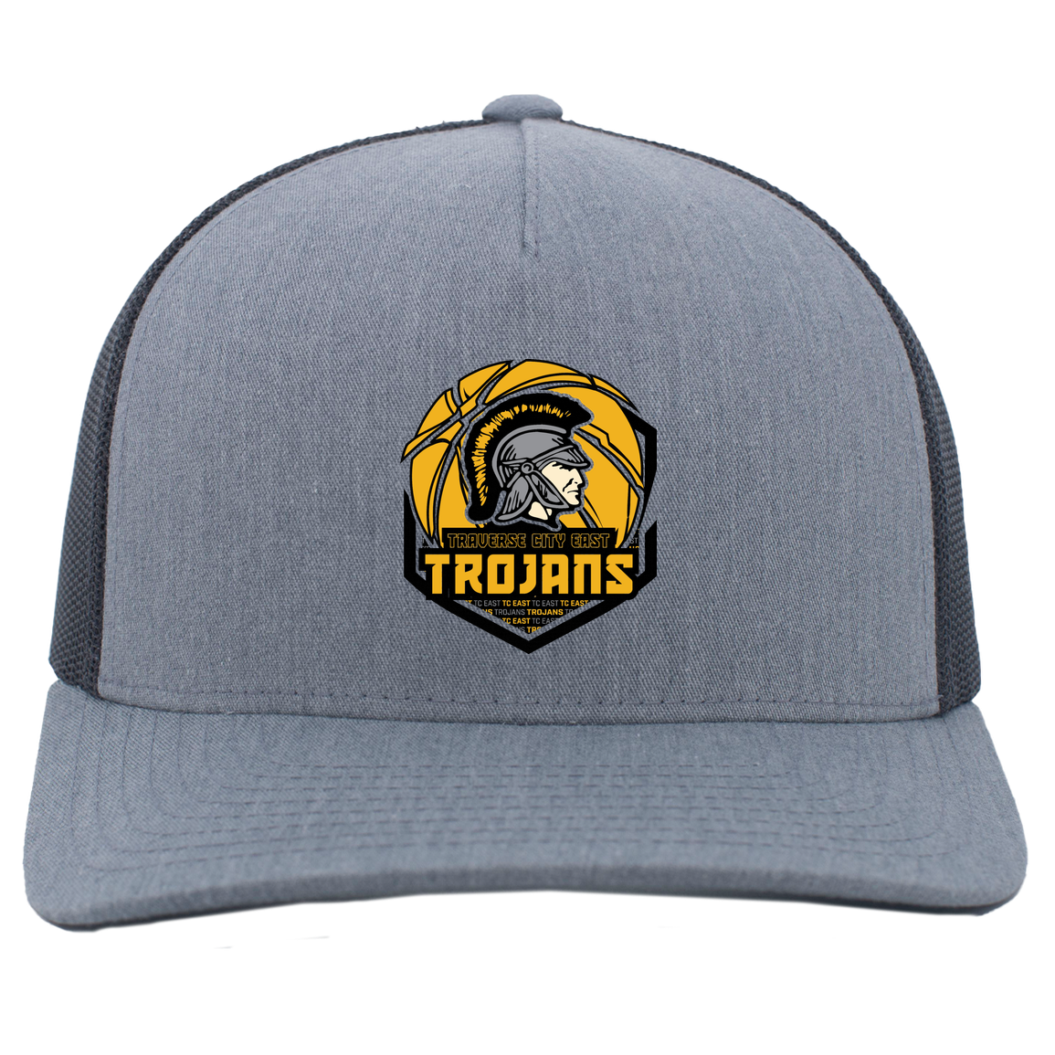 tc-trojans-trojans-team-apparel-pacific-headwear-5-panel-trucker-snapback-cap — Heather Grey/Light Charcoal — Front — source sha256 c504be97feefd4d10b549a7c5ac29662a734f39a85f0b07e4c6c48b8b18d6037 — Color position 2