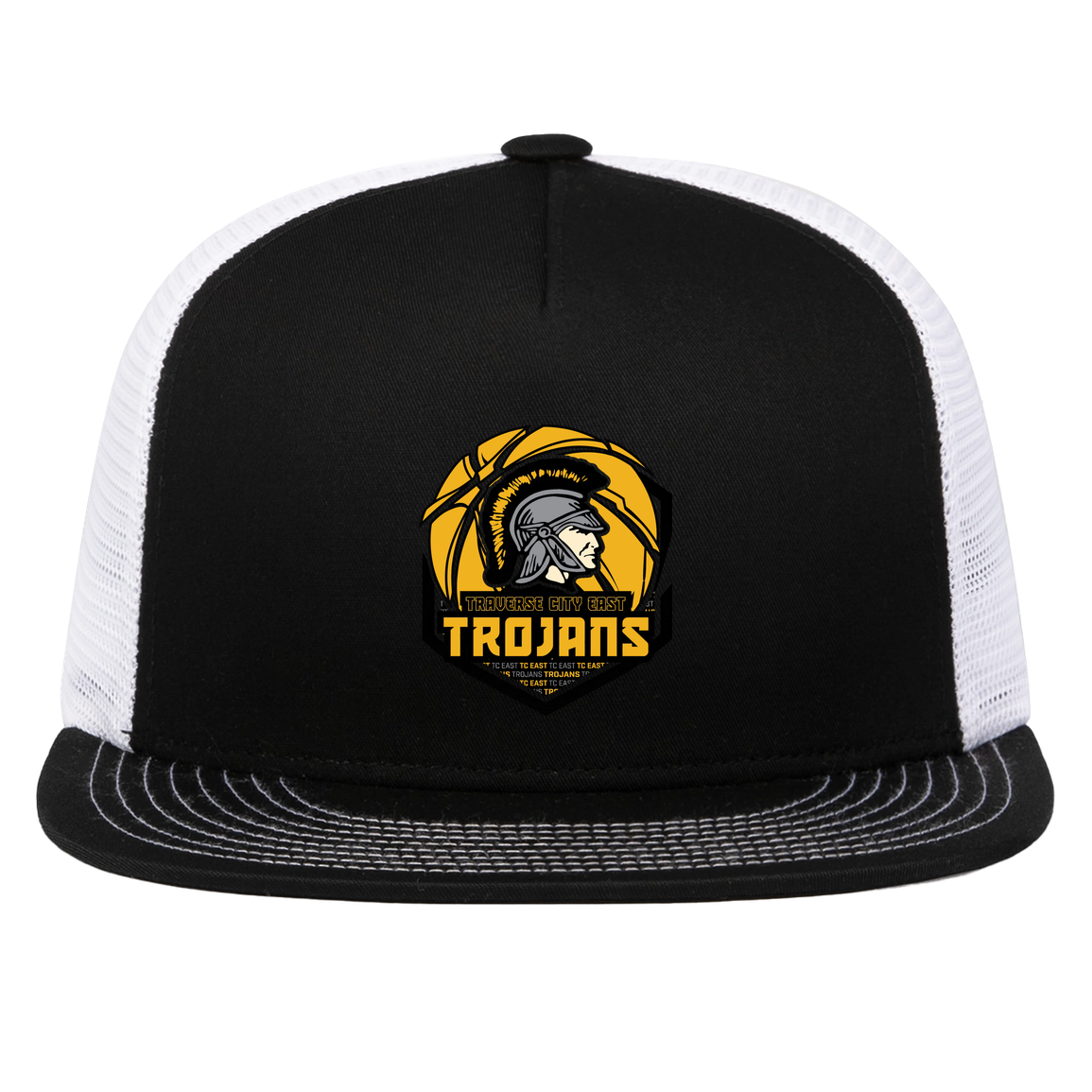 tc-trojans-trojans-team-apparel-pacific-headwear-d-series-5-panel-trucker-snapback-cap — Black/White — Front — source sha256 e4f1eb36b9d95493f07cfb5a08ec0a9b2cabce4c0c5359f77492a0dff52f180a — Color position 2