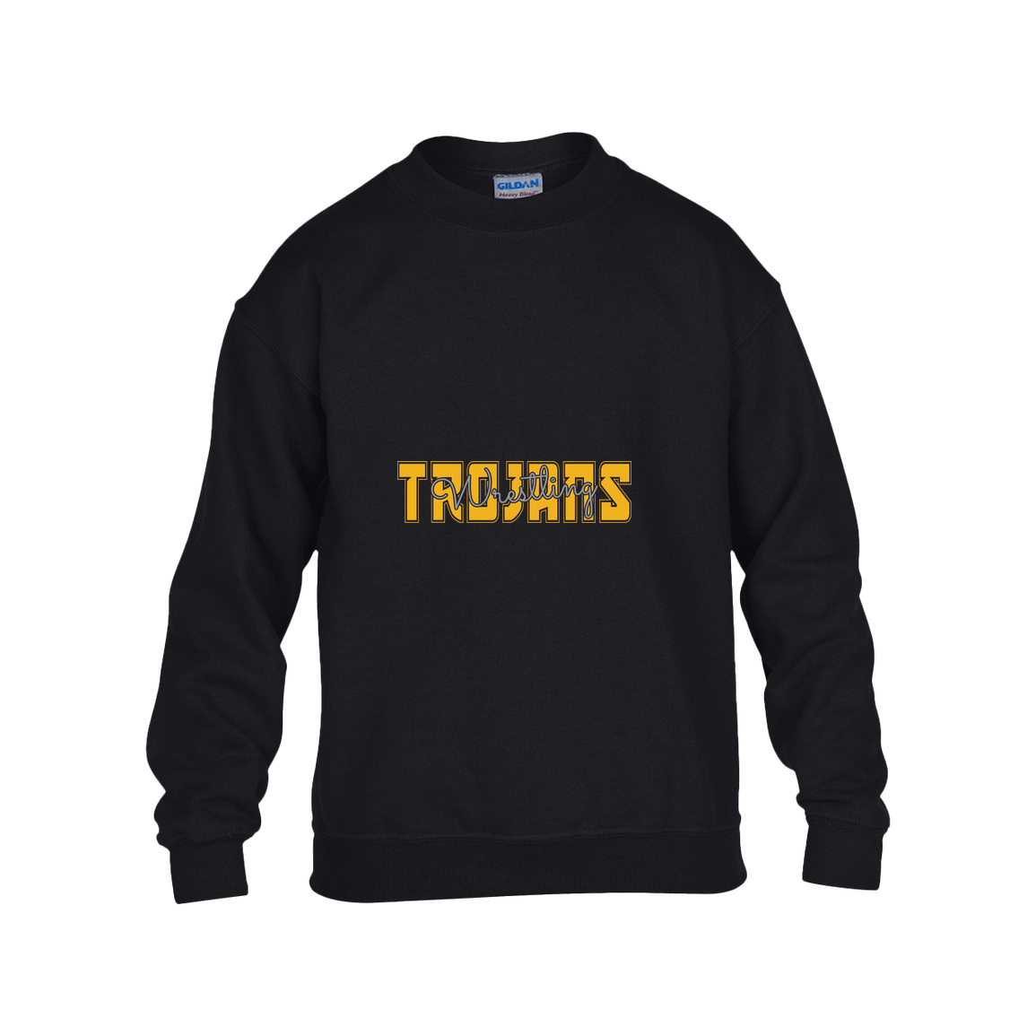 tc-trojans-varsity-script-gildan-kids-heavy-blend-fleece-crew — Black — Front — source sha256 06b83f629026fb0875a792f699190f302b1deb6b948518ba51ba02cf4e4f85ac — Color position 1