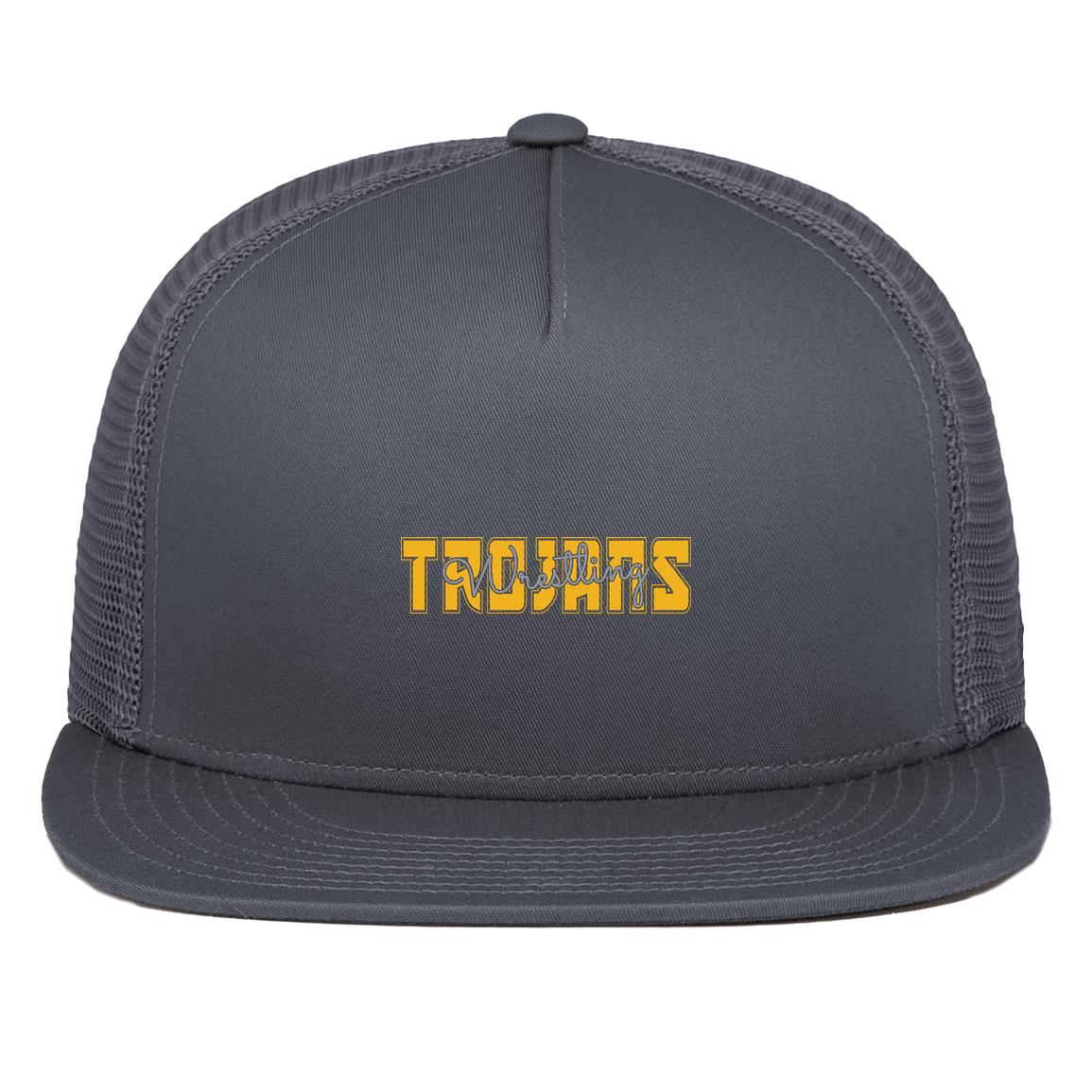 tc-trojans-varsity-script-pacific-headwear-d-series-5-panel-trucker-snapback-cap — Graphite — Front — source sha256 07bdab4d6695c76c14d931bf01d4878b67699ddbd9576874ccc12d67a7af95be — Color position 3