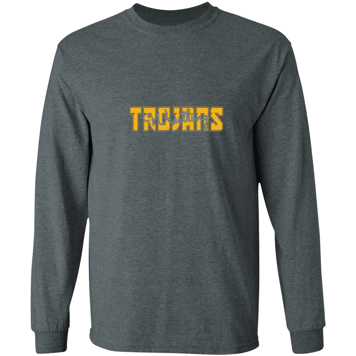 tc-trojans-varsity-script-gildan-ls-t-shirt-5-3-oz — Dark Heather — Front — source sha256 283015c79ebdfdd67eca262e3e3b72a3d92aeb28f32f0a38ffdb309771243bb7 — Color position 2