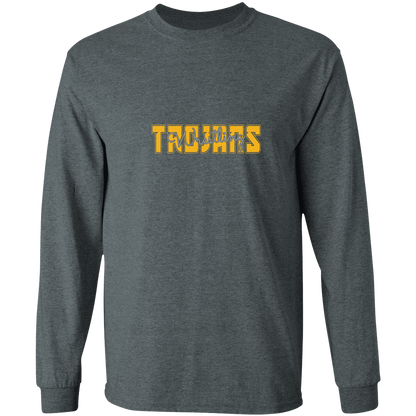 tc-trojans-varsity-script-gildan-ls-t-shirt-5-3-oz — Dark Heather — Front — source sha256 283015c79ebdfdd67eca262e3e3b72a3d92aeb28f32f0a38ffdb309771243bb7 — Color position 2
