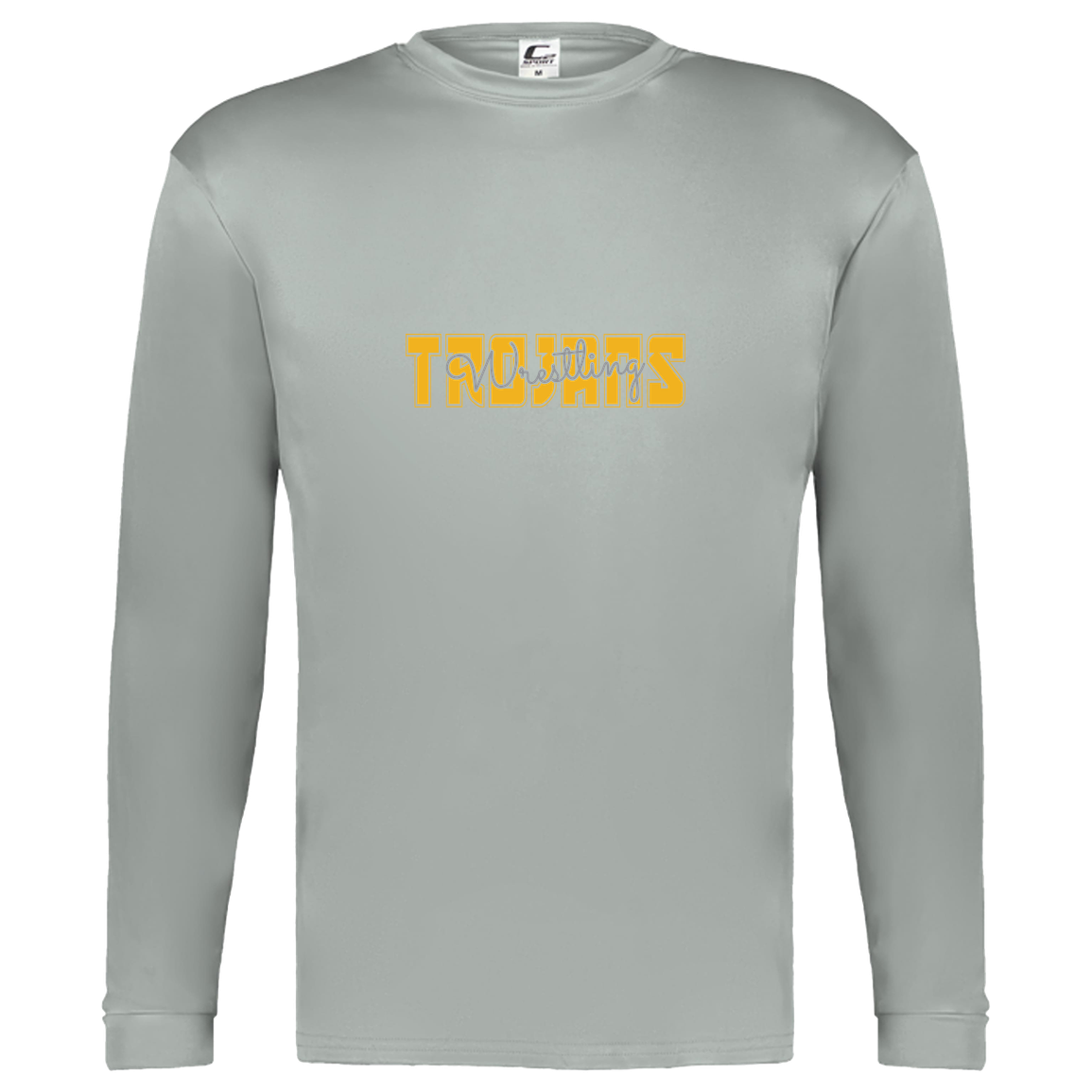 tc-trojans-varsity-script-c2-kids-performance-long-sleeve-tee — Silver — Front — source sha256 529e4a41b973e8f908f652b0c9641b72201513d7b52afbbc918b285efc5498b6 — Color position 3