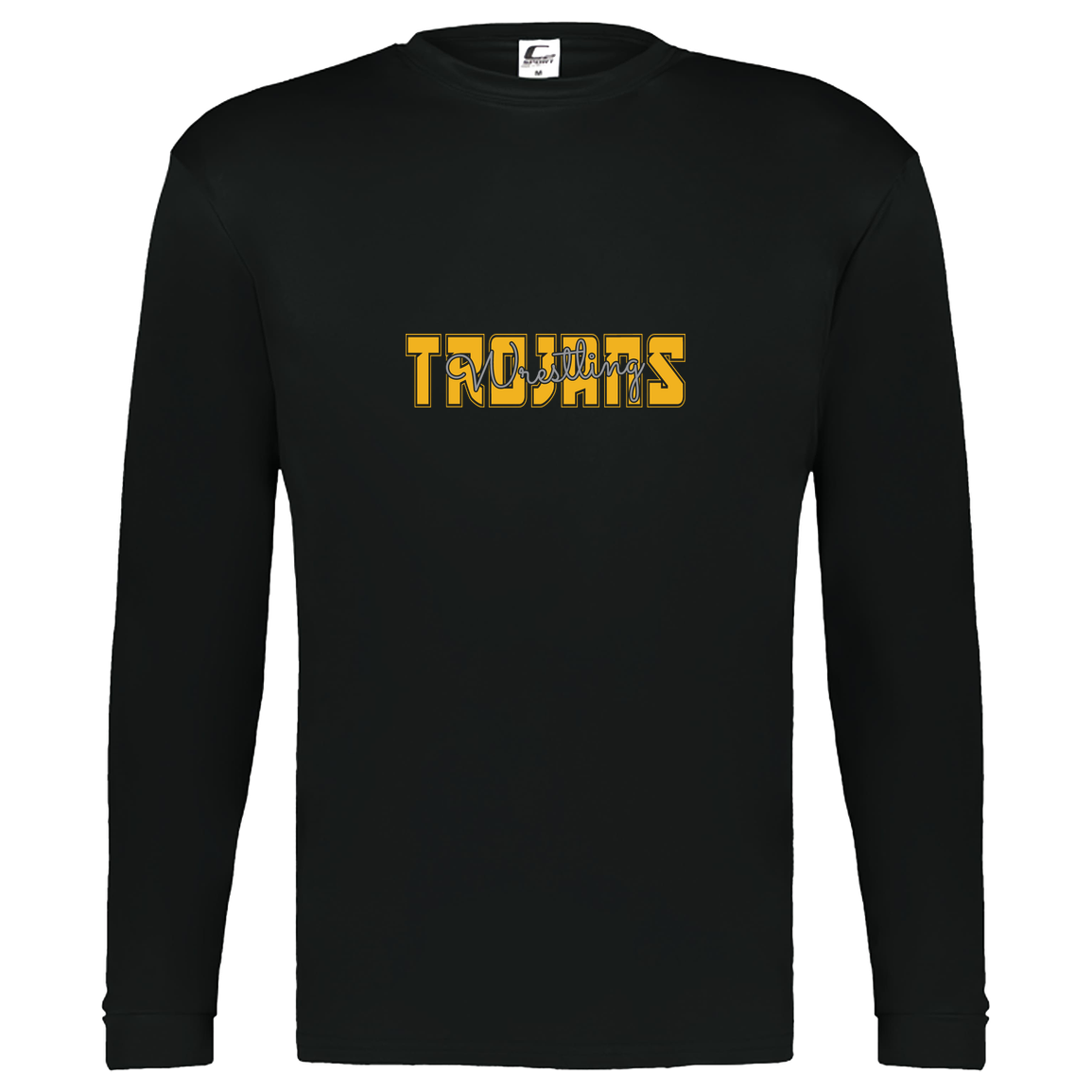 tc-trojans-varsity-script-c2-kids-performance-long-sleeve-tee — Black — Front — source sha256 5606aac92a1d3e8fa57c5fc8eb823eb0a278999ef59ecc4ac2b2300bf8b871cc — Color position 1