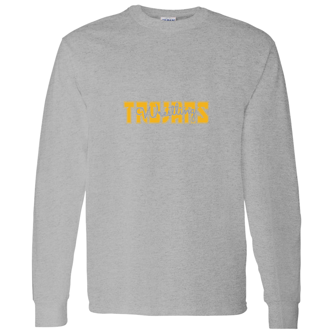 tc-trojans-varsity-script-gildan-ls-t-shirt-5-3-oz — Sport Grey — Front — source sha256 61aa3f99b93c1b8e2ff9c685cb01e548cc1126648019fff54cec2945a5553cc5 — Color position 5