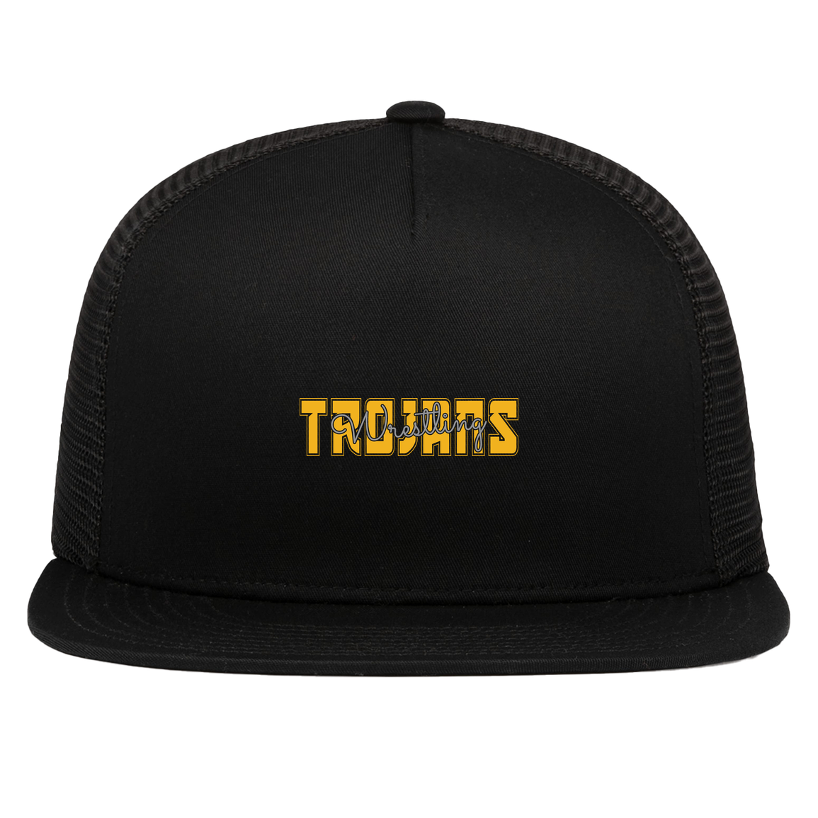 tc-trojans-varsity-script-pacific-headwear-d-series-5-panel-trucker-snapback-cap — Black — Front — source sha256 84c34175ed5c2560dd4800e5a92bfc4ff10fdb7875a5e73e843fa3c2b8423480 — Color position 1
