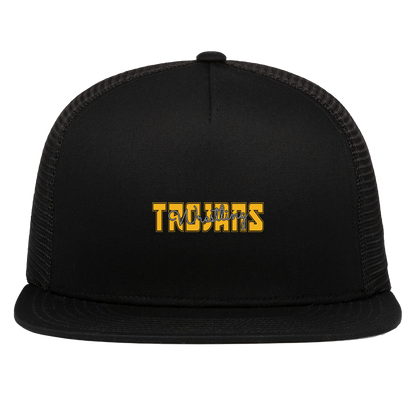 tc-trojans-varsity-script-pacific-headwear-d-series-5-panel-trucker-snapback-cap — Black — Front — source sha256 84c34175ed5c2560dd4800e5a92bfc4ff10fdb7875a5e73e843fa3c2b8423480 — Color position 1