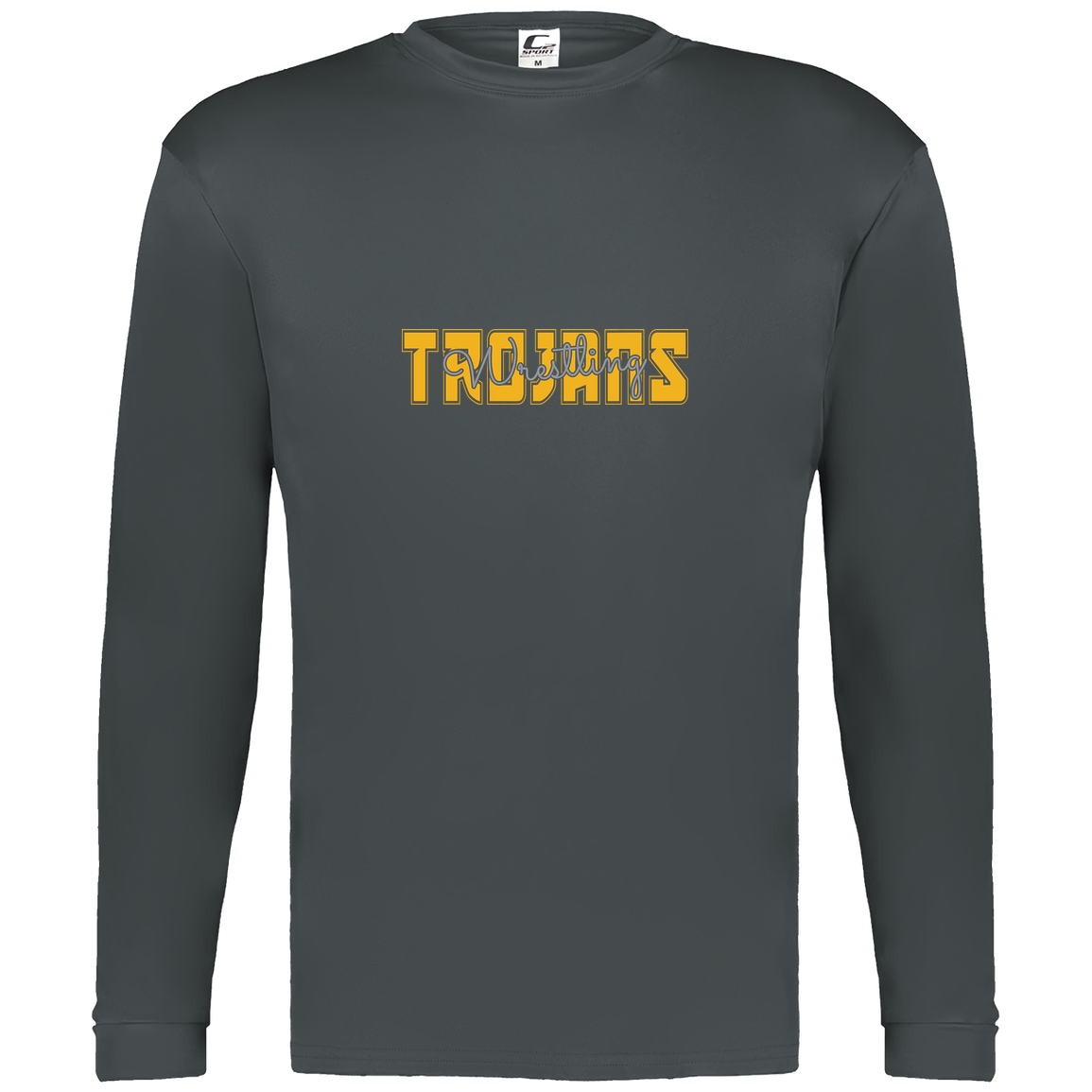 tc-trojans-varsity-script-c2-mens-performance-long-sleeve-tee — Graphite — Front — source sha256 8d1565095c3982235aa9565afa5625e2f2e7d06fd3e25cbae13623101b4cfb45 — Color position 2