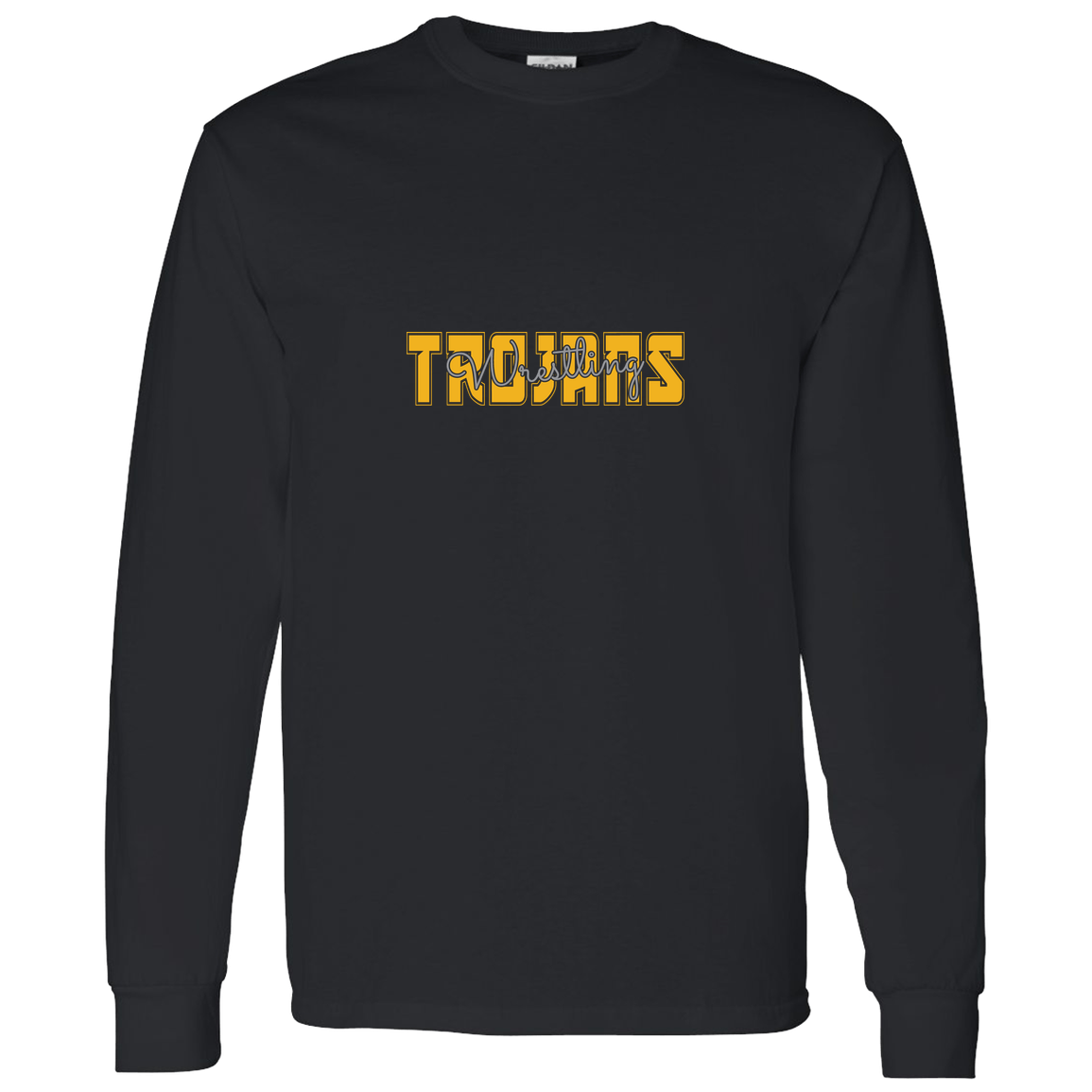tc-trojans-varsity-script-gildan-ls-t-shirt-5-3-oz — Black — Front — source sha256 922bfca4f1cf529e13ca15490acc43d9916f74e5554d55a77e11a8abab43aecc — Color position 4