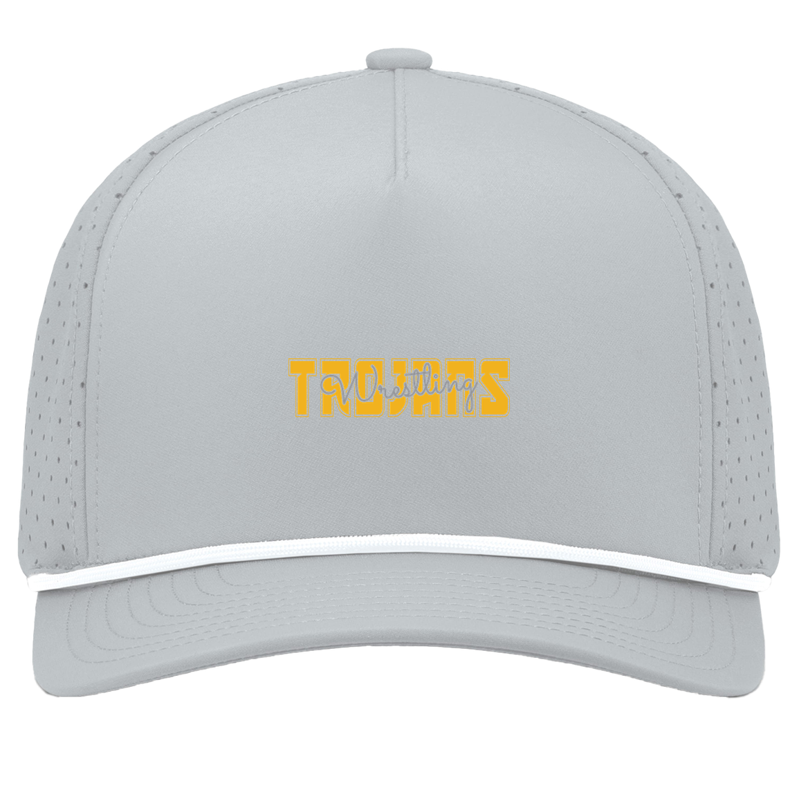 tc-trojans-varsity-script-pacific-headwear-weekender-perforated-snapback-cap — Silver/White — Front — source sha256 962289210396cbbe57508480fdc048c8b42a000a95e1c2d1f11ad20daa01fde1 — Color position 5