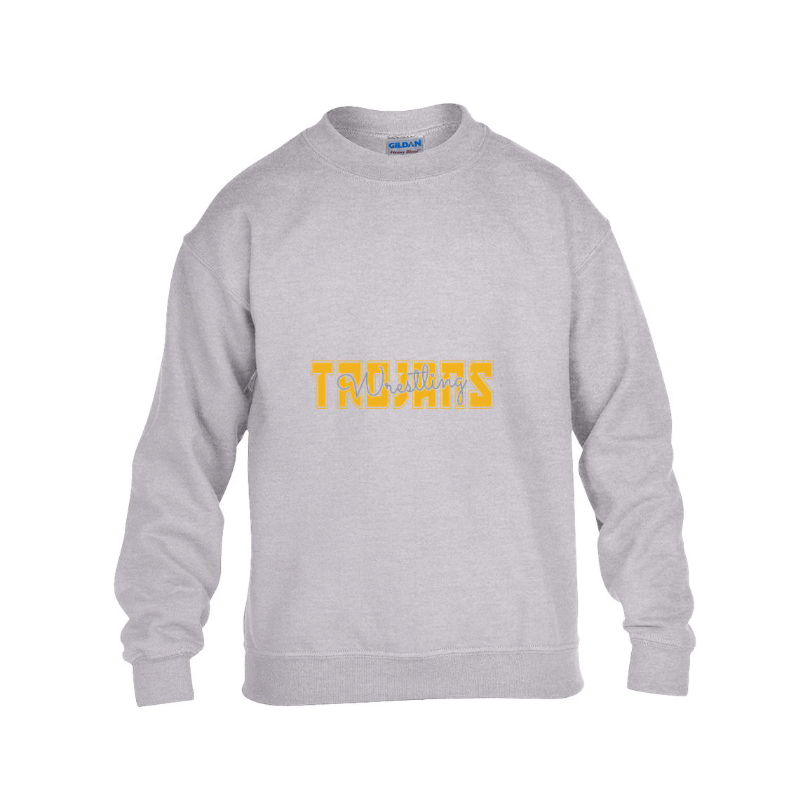 tc-trojans-varsity-script-gildan-kids-heavy-blend-fleece-crew — Grey — Front — source sha256 9840654bc50127d58637abc48ff9b730b4ce5a716364123b477cb133c5553ad7 — Color position 3