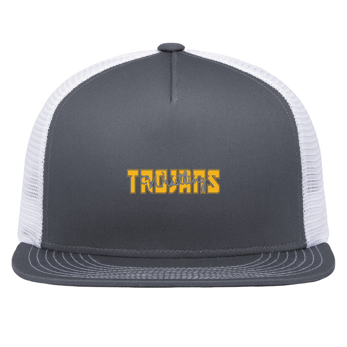 tc-trojans-varsity-script-pacific-headwear-d-series-5-panel-trucker-snapback-cap — Graphite/White — Front — source sha256 a1e4b5f55f435684417c71e7e346c105a747f4617fdc23c5d4d3c5721a9aa07e — Color position 4