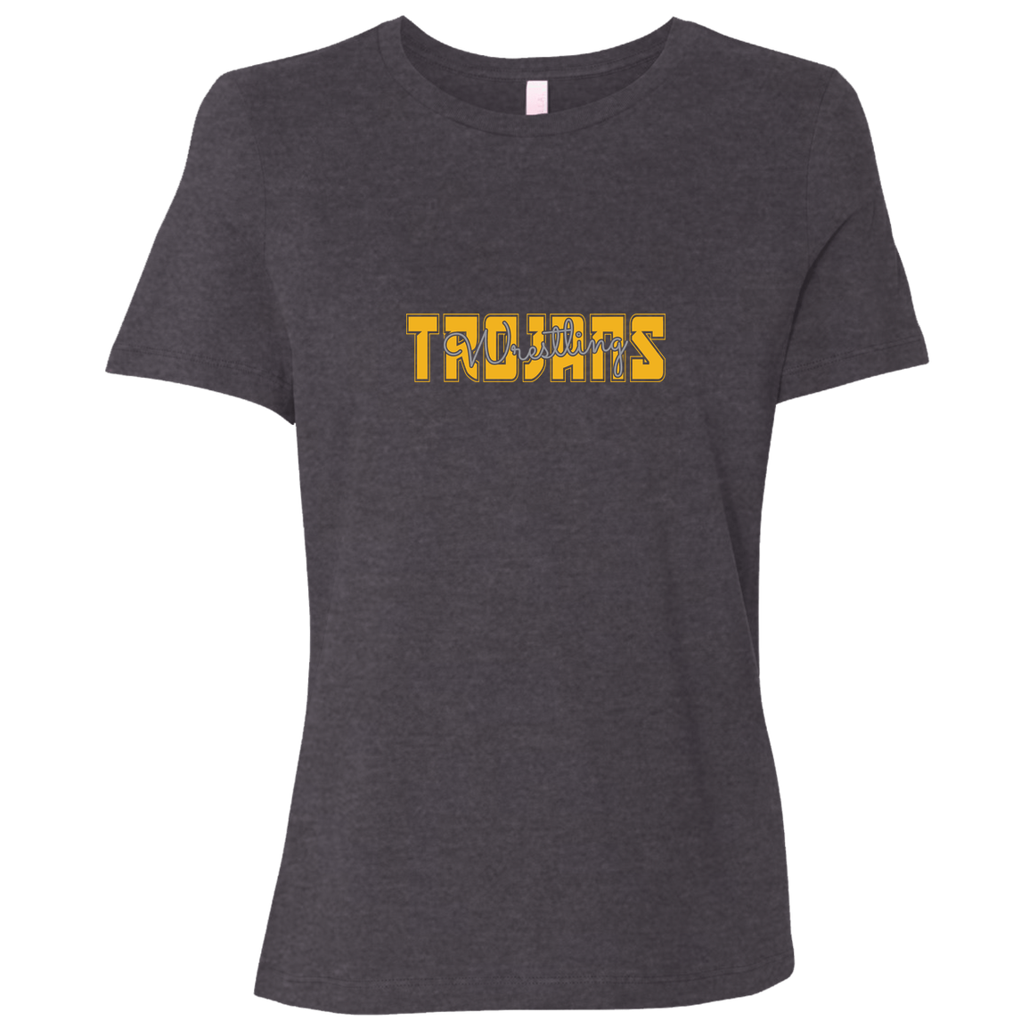 tc-trojans-varsity-script-bella-canvas-ladies-relaxed-jersey-short-sleeve-t-shirt — Dark Grey Heather — Front — source sha256 afd28320f5046cd9fc4840e6d0b6d307f49b4cd08f247d2fc4030f5799363299 — Color position 6