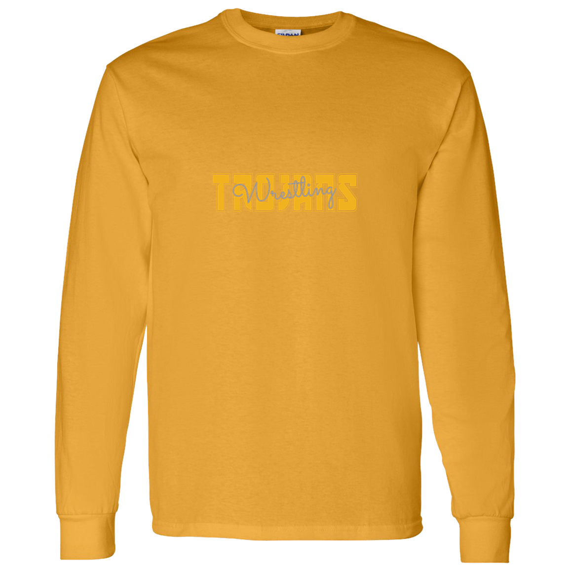 tc-trojans-varsity-script-gildan-ls-t-shirt-5-3-oz — Gold — Front — source sha256 b70bfdefedba666ca59de505d78a04915d34efcbead06b2be9a2c5aec5213bda — Color position 6