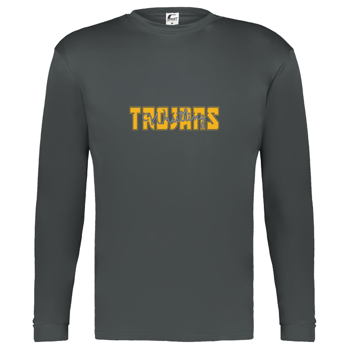 tc-trojans-varsity-script-c2-kids-performance-long-sleeve-tee — Graphite — Front — source sha256 cd1247a167e9f34ebcb82be5c303343900041c7777b421b0da774fb1fe40bfe3 — Color position 2