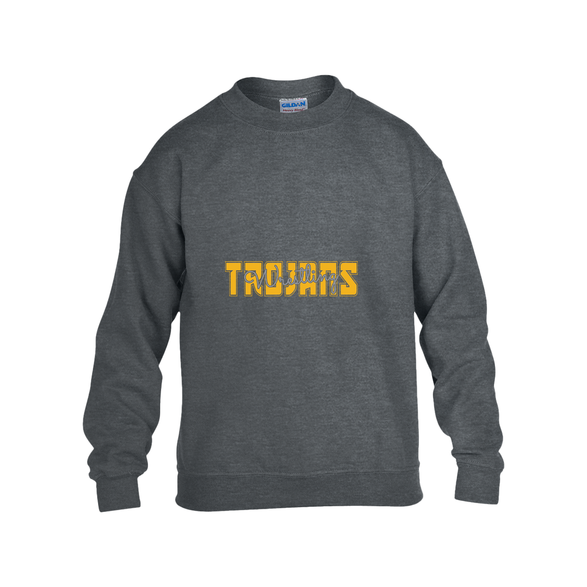 tc-trojans-varsity-script-gildan-kids-heavy-blend-fleece-crew — Dark Heather — Front — source sha256 d3f71ad1b5ceb36c64080a7cee9a90f9c93c220bcbe571eb65871d87f6e98462 — Color position 2