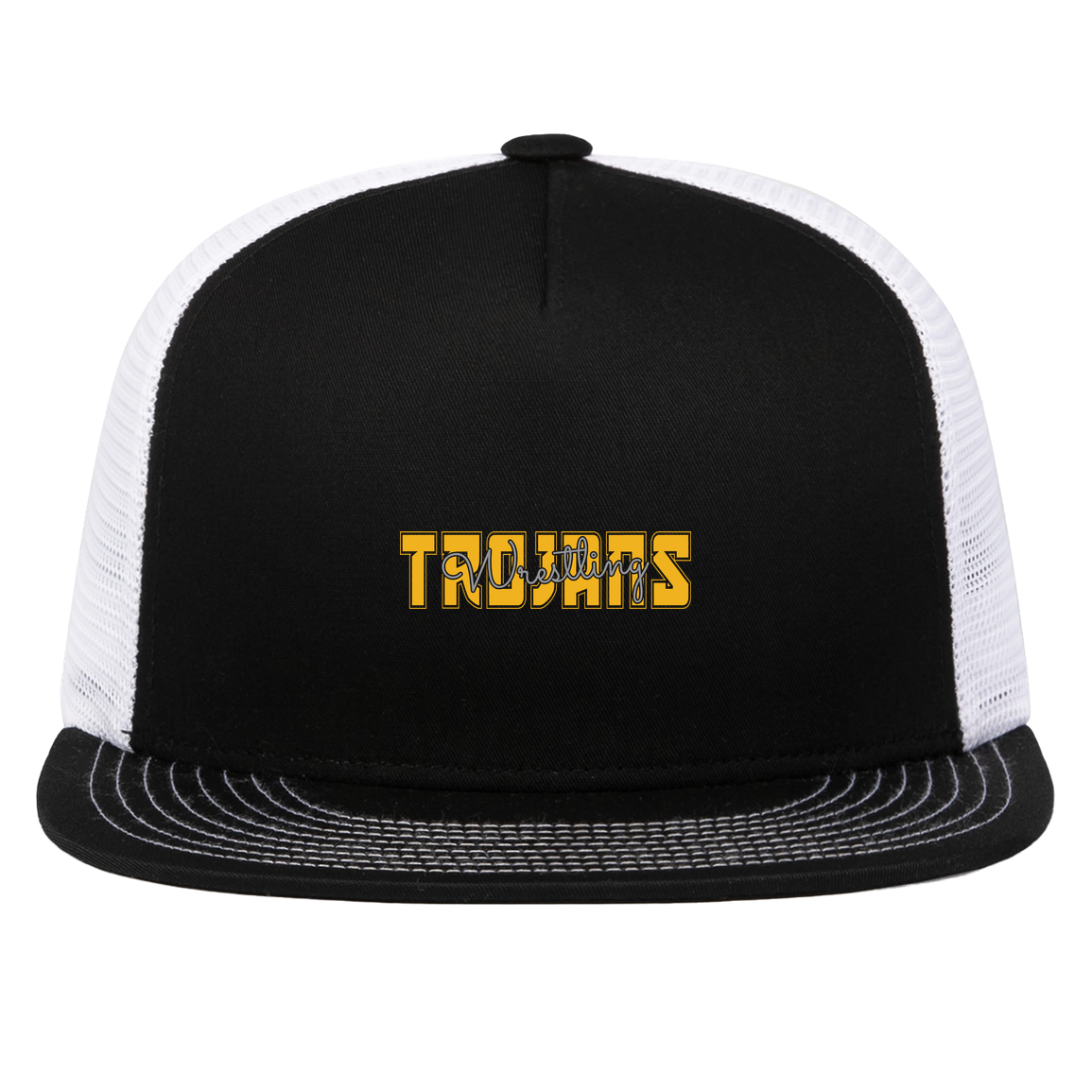 tc-trojans-varsity-script-pacific-headwear-d-series-5-panel-trucker-snapback-cap — Black/White — Front — source sha256 f9379b17e389f05d81d24c3dd44efab1e596892f090bd10d95388190c89f4935 — Color position 2