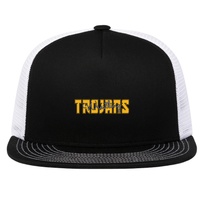 tc-trojans-varsity-script-pacific-headwear-d-series-5-panel-trucker-snapback-cap — Black/White — Front — source sha256 f9379b17e389f05d81d24c3dd44efab1e596892f090bd10d95388190c89f4935 — Color position 2