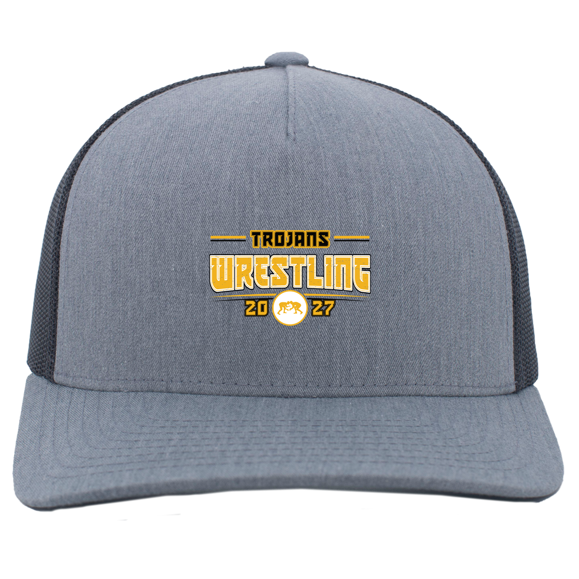 tc-trojans-varsity-takedown-pacific-headwear-5-panel-trucker-snapback-cap — Heather Grey/Light Charcoal — Front — source sha256 534c9f6043652d13f934625d1e6fc8b1fbf64a47564dcac69678cc076f0507a0 — Color position 2