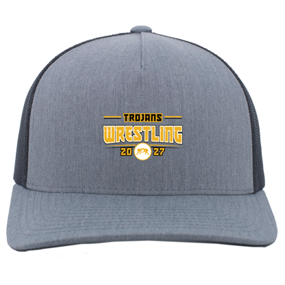 tc-trojans-varsity-takedown-pacific-headwear-5-panel-trucker-snapback-cap — Heather Grey/Light Charcoal — Front — source sha256 534c9f6043652d13f934625d1e6fc8b1fbf64a47564dcac69678cc076f0507a0 — Color position 2