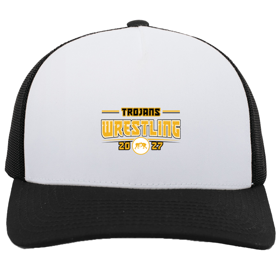 tc-trojans-varsity-takedown-pacific-headwear-5-panel-trucker-snapback-cap — White/Black — Front — source sha256 874f14e1572a49e2923202e1eecda0df1155a28b670307a23571fac680d66f6b — Color position 4