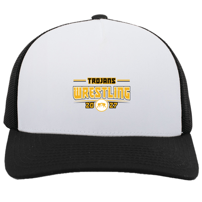 tc-trojans-varsity-takedown-pacific-headwear-5-panel-trucker-snapback-cap — White/Black — Front — source sha256 874f14e1572a49e2923202e1eecda0df1155a28b670307a23571fac680d66f6b — Color position 4