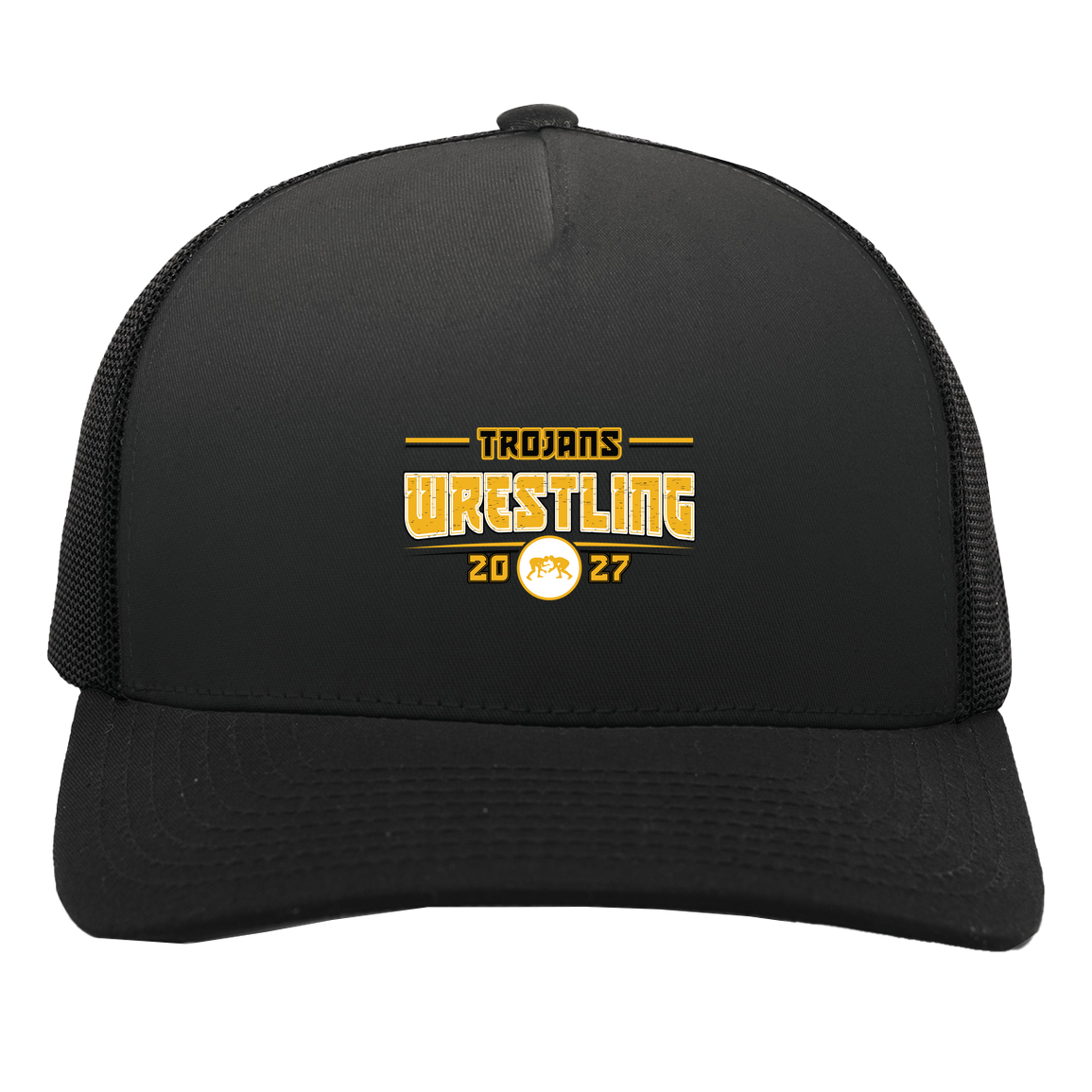 tc-trojans-varsity-takedown-pacific-headwear-5-panel-trucker-snapback-cap — Black/Black — Front — source sha256 bf4a12d9433be19eb8326b1369bd61ccf52e5fbe4a40708adb2f37e911ca32b1 — Color position 3