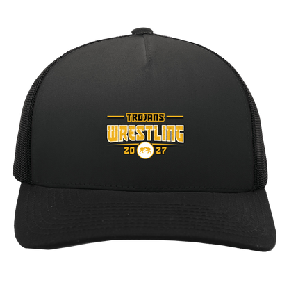tc-trojans-varsity-takedown-pacific-headwear-5-panel-trucker-snapback-cap — Black/Black — Front — source sha256 bf4a12d9433be19eb8326b1369bd61ccf52e5fbe4a40708adb2f37e911ca32b1 — Color position 3