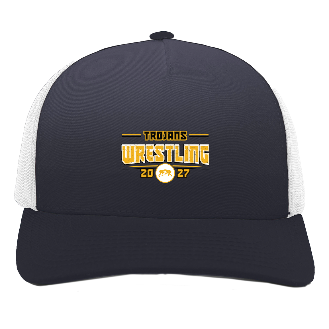 tc-trojans-varsity-takedown-pacific-headwear-5-panel-trucker-snapback-cap — Navy/White — Front — source sha256 f39403a4f1913a4f4d0326164818fdfc1c0d712811169adafa9908b4ee9753e6 — Color position 1