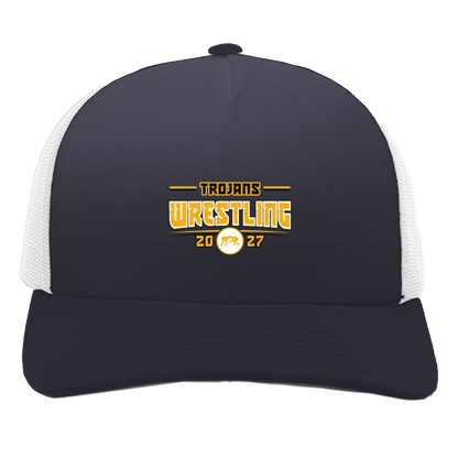 tc-trojans-varsity-takedown-pacific-headwear-5-panel-trucker-snapback-cap — Navy/White — Front — source sha256 f39403a4f1913a4f4d0326164818fdfc1c0d712811169adafa9908b4ee9753e6 — Color position 1