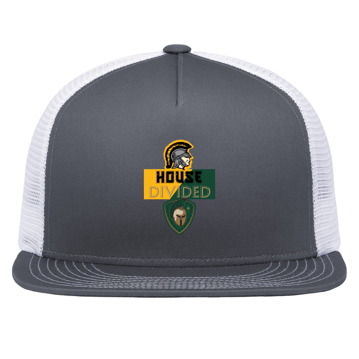 tc-united-house-divided-pacific-headwear-d-series-5-panel-trucker-snapback-cap — Graphite/White — Front — source sha256 ba6fbb697c4ec9507317e43f934bcfa3cb42a833a02db599340de3e3ed7cf785 — Color position 4