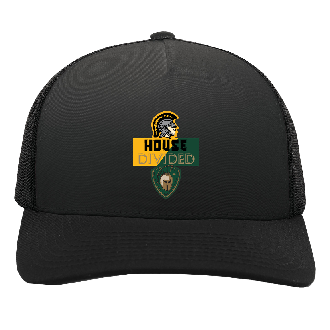 tc-united-house-divided-pacific-headwear-5-panel-trucker-snapback-cap — Black/Black — Front — source sha256 c036c73a41638fe9a76cdab892384a75746f29d1f2a846614024ca4c3d8cd354 — Color position 3