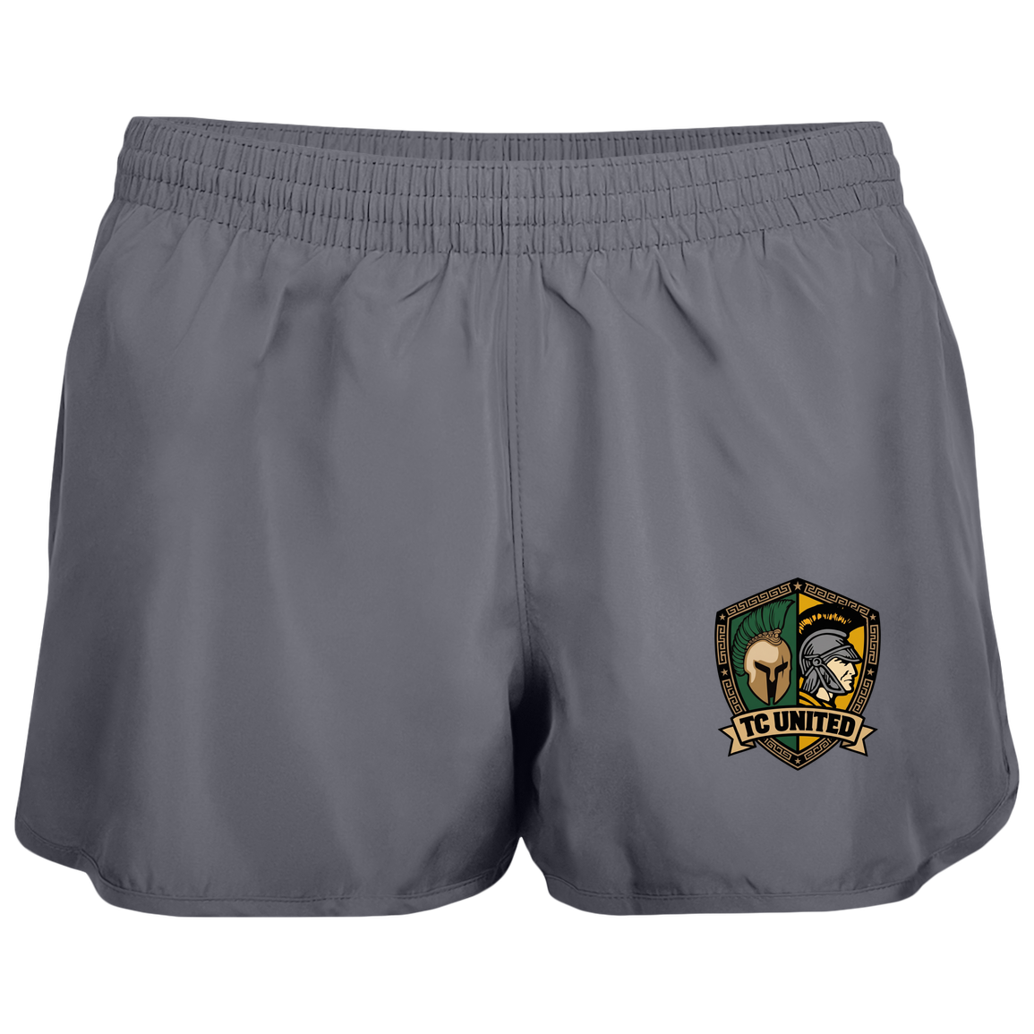 tc-united-united-crest-augusta-ladies-wayfarer-running-shorts — Graphite — Front — source sha256 0f98feb7370fc1a3c79d40346bec8985bb998ac6f13fb9e028c8a247615749f2 — Color position 2