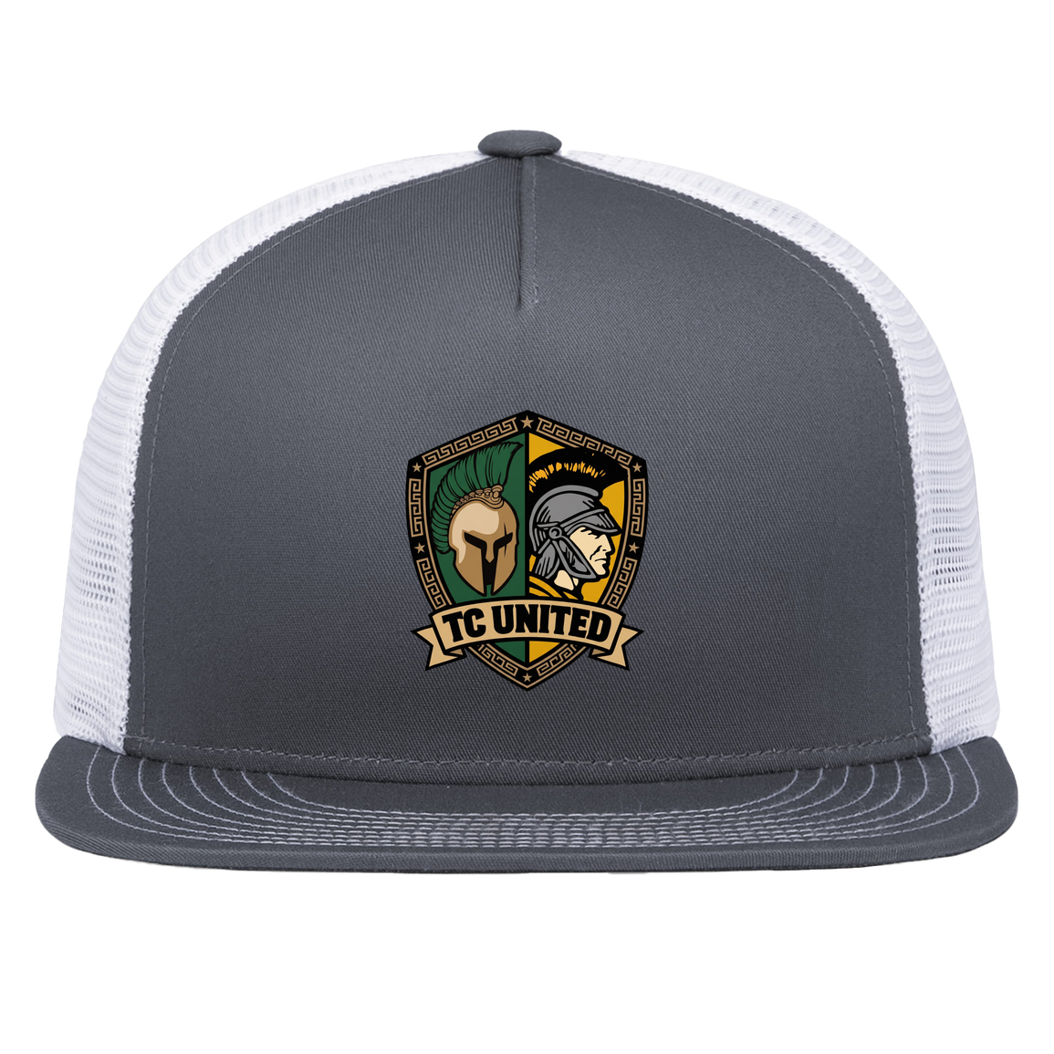 tc-united-united-crest-pacific-headwear-d-series-5-panel-trucker-snapback-cap — Graphite/White — Front — source sha256 261d2afb5320f5c5cbd54df2fe5d7e2bfbe2f92bd3476caea7e3325366ff6fe5 — Color position 4