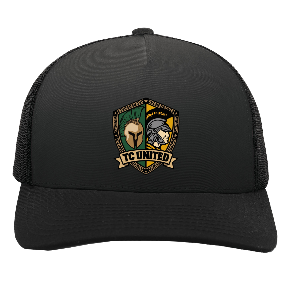 tc-united-united-crest-pacific-headwear-5-panel-trucker-snapback-cap — Black/Black — Front — source sha256 4bd8371c68aa91c20abfbb131423d3994c5e6968db3e453b6be2a0df3e09dec7 — Color position 3