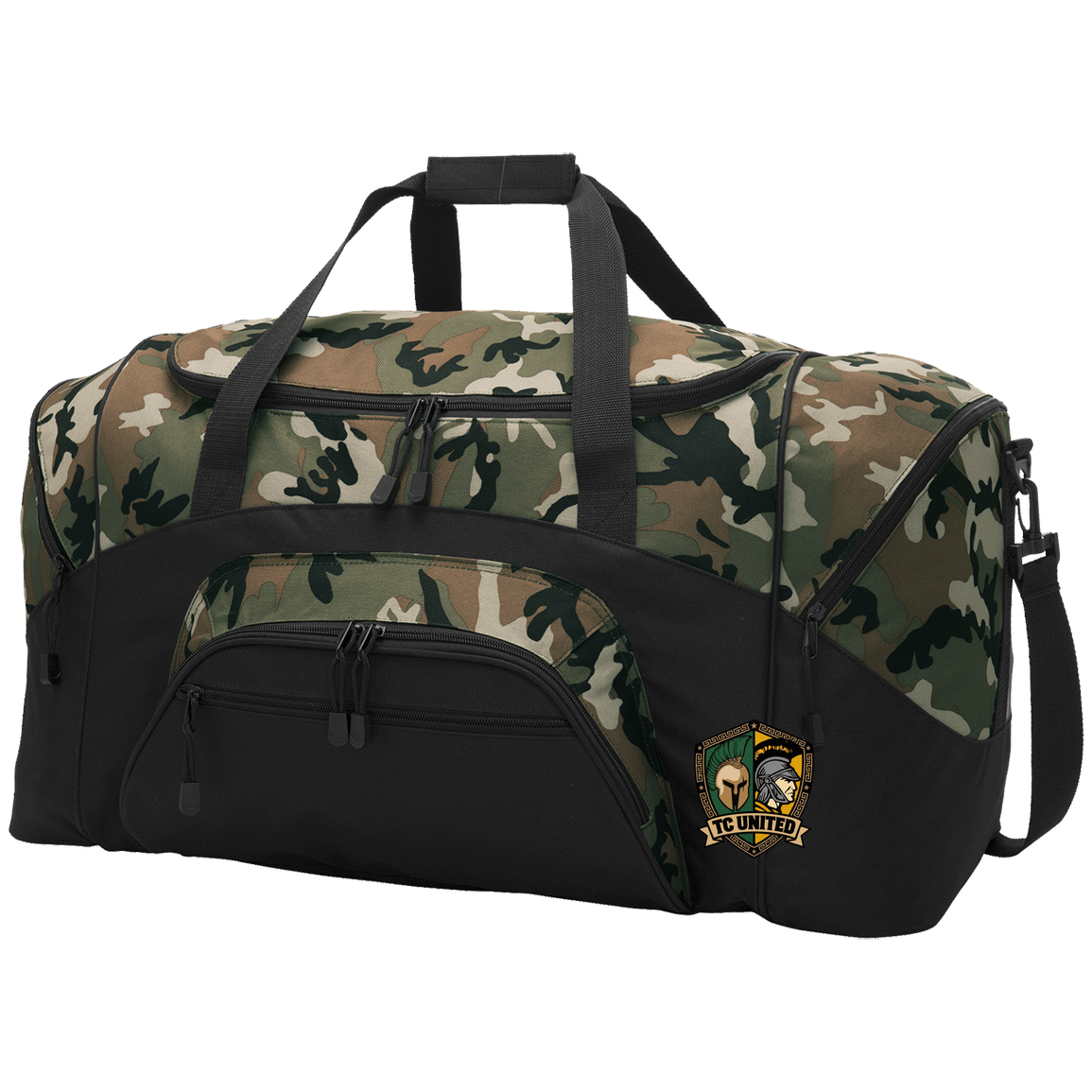tc-united-united-crest-port-company-sport-duffel — Black/Camouflage — Front — source sha256 97508f24478220c4821169b0c8cdb37266e9850933fbd4164093ac3658bc846e — Color position 3