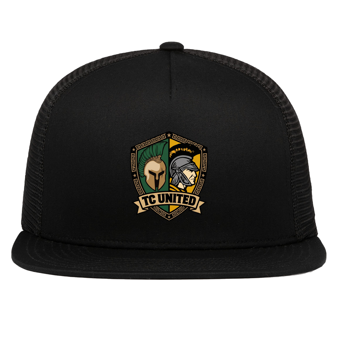 tc-united-united-crest-pacific-headwear-d-series-5-panel-trucker-snapback-cap — Black — Front — source sha256 a116576402b2088a2f4a02c79abf9e603fd5423f4524b65740d4179dc8181683 — Color position 1