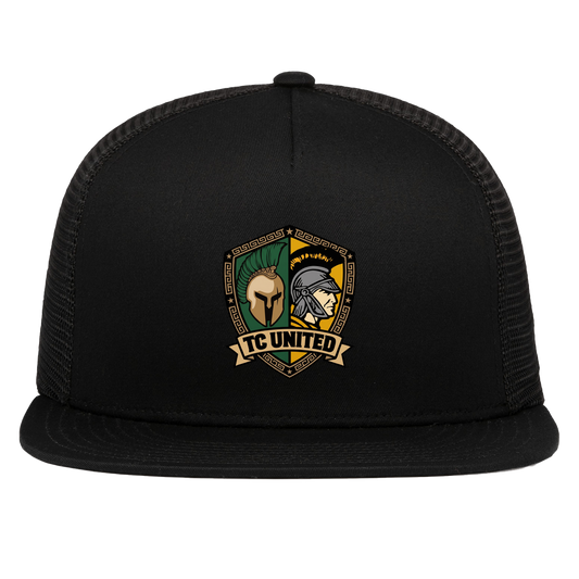 tc-united-united-crest-pacific-headwear-d-series-5-panel-trucker-snapback-cap — Black — Front — source sha256 a116576402b2088a2f4a02c79abf9e603fd5423f4524b65740d4179dc8181683 — Color position 1