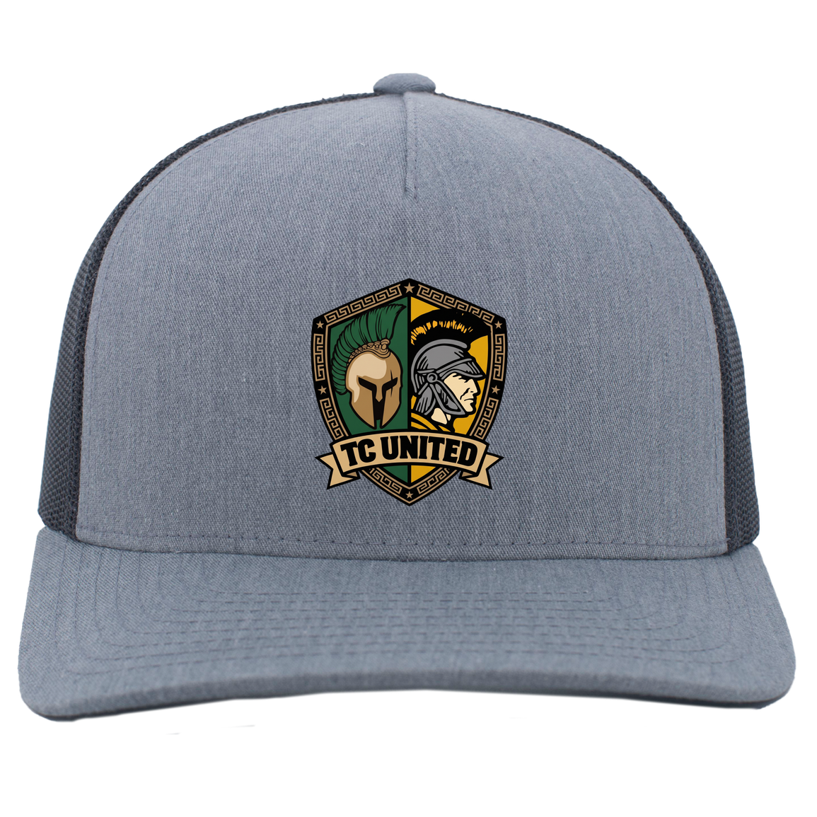 tc-united-united-crest-pacific-headwear-5-panel-trucker-snapback-cap — Heather Grey/Light Charcoal — Front — source sha256 d7c6d76be861aece60c05d04d07f5dee8eb3ab278e76818d991a8e2c75a4ab87 — Color position 2