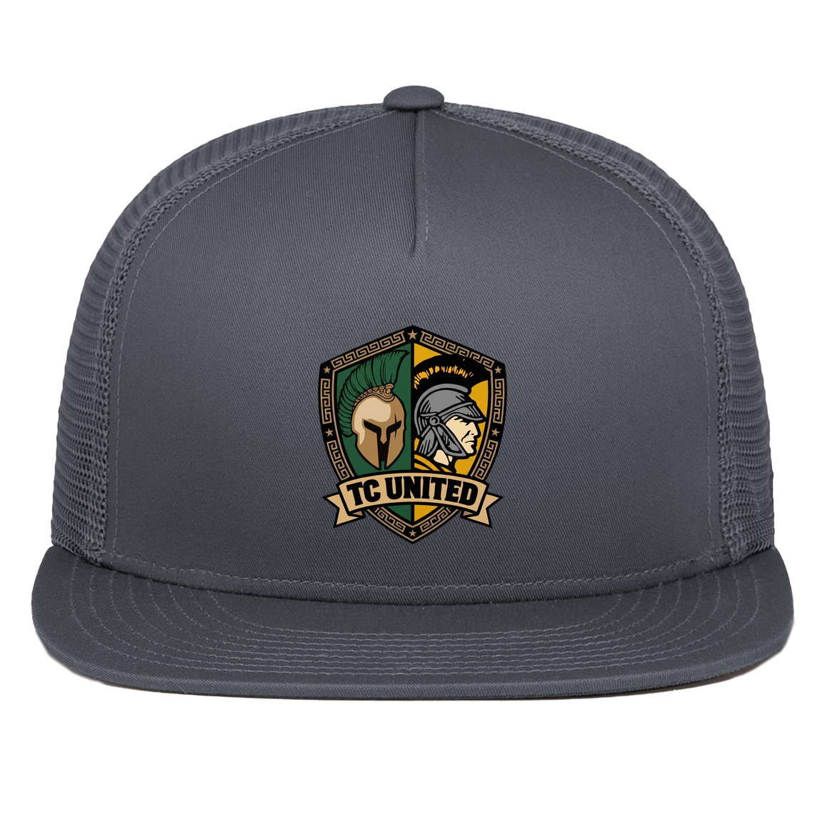 tc-united-united-crest-pacific-headwear-d-series-5-panel-trucker-snapback-cap — Graphite — Front — source sha256 e60ce2b3a6810254a5fe5e915b656899f992191901dea788cf2a21a8e5be2b5a — Color position 3