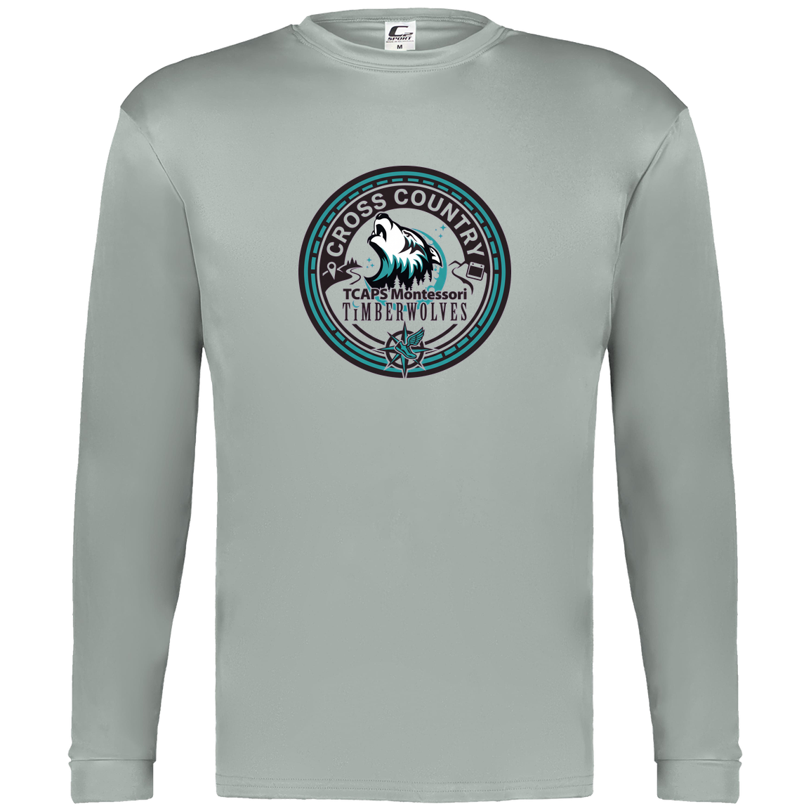 tcaps-montessori-cross-country-seal-c2-mens-performance-long-sleeve-tee — Silver — Front — source sha256 3c54707bbce13014af997c659246d40149d027d184e5b5f7814692ee2d4b7083 — Color position 3