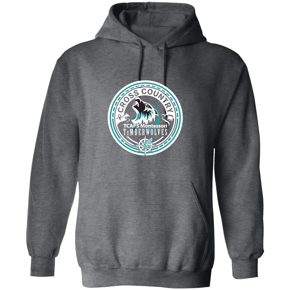 tcaps-montessori-cross-country-seal-white-gildan-pullover-hoodie — Dark Heather — Front — source sha256 512b29118160826d60805189ad46d10f91a01cb6c4b2f0709160f68941346401 — Color position 2