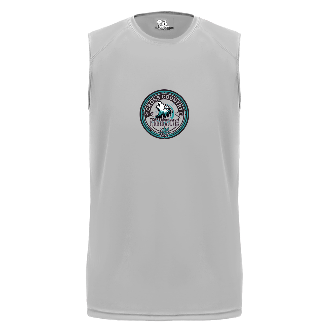 tcaps-montessori-cross-country-seal-badger-b-core-sleeveless-performance-tee — Silver — Front — source sha256 7038793934e60ae614e84087fef2079dbd8ca1c20816f2267cc108246f465588 — Color position 3