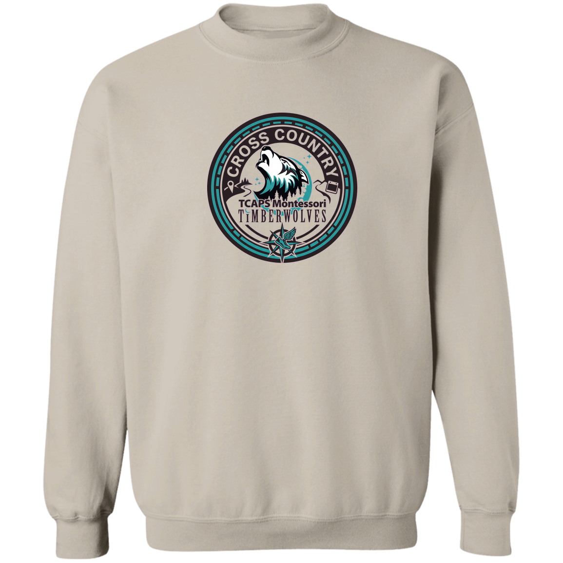 tcaps-montessori-cross-country-seal-gildan-crewneck-pullover-sweatshirt — Sand — Front — source sha256 b17f36dddbe4cb01efcb22ef45f59201db9fa3ded53c816c055d33220700463f — Color position 5