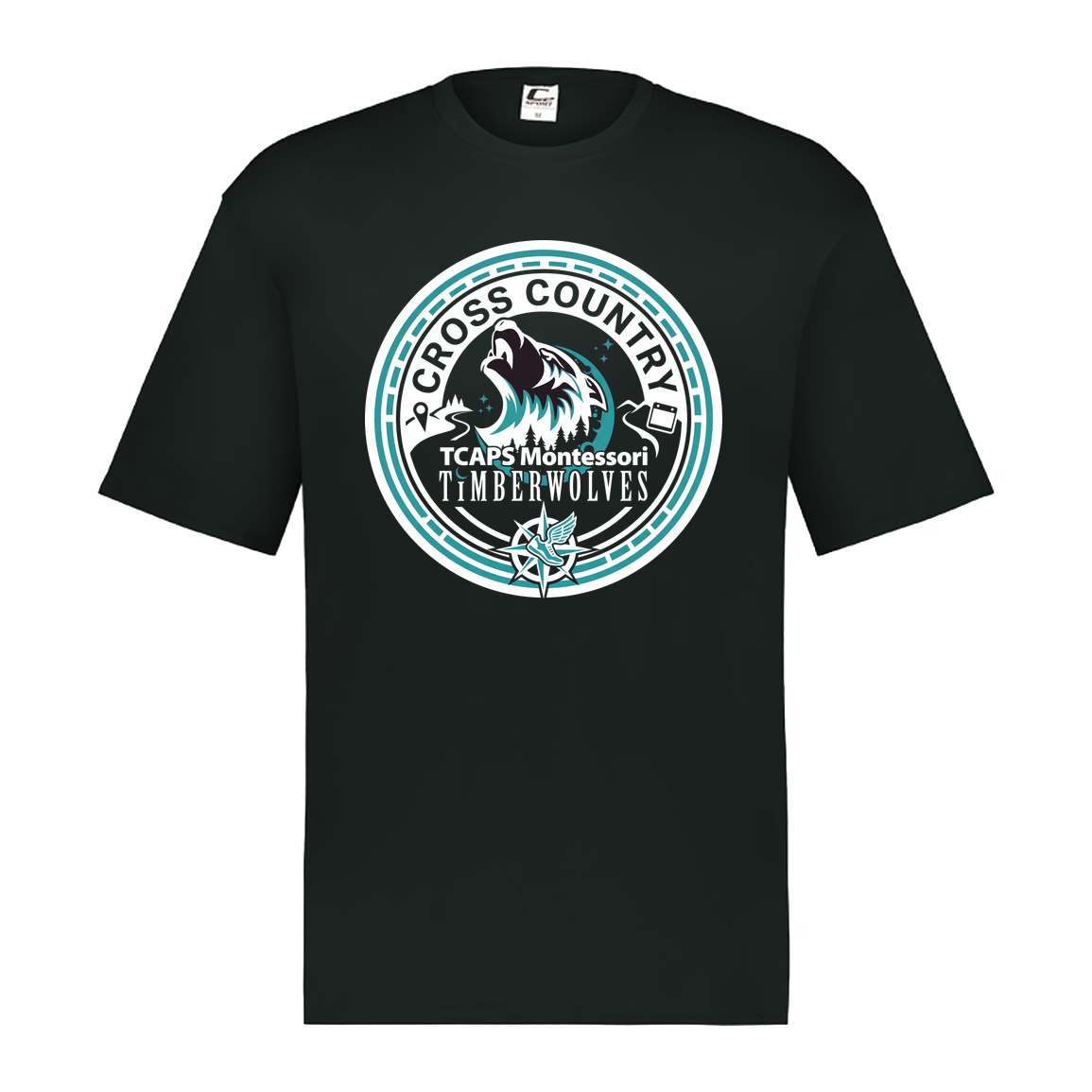tcaps-montessori-cross-country-seal-white-c2-mens-performance-short-sleeve-tee — Black — Front — source sha256 fe18faa46bacafe7d5e695c611beeddc31859851356f0aebd48a4f65dff8f42c — Color position 1