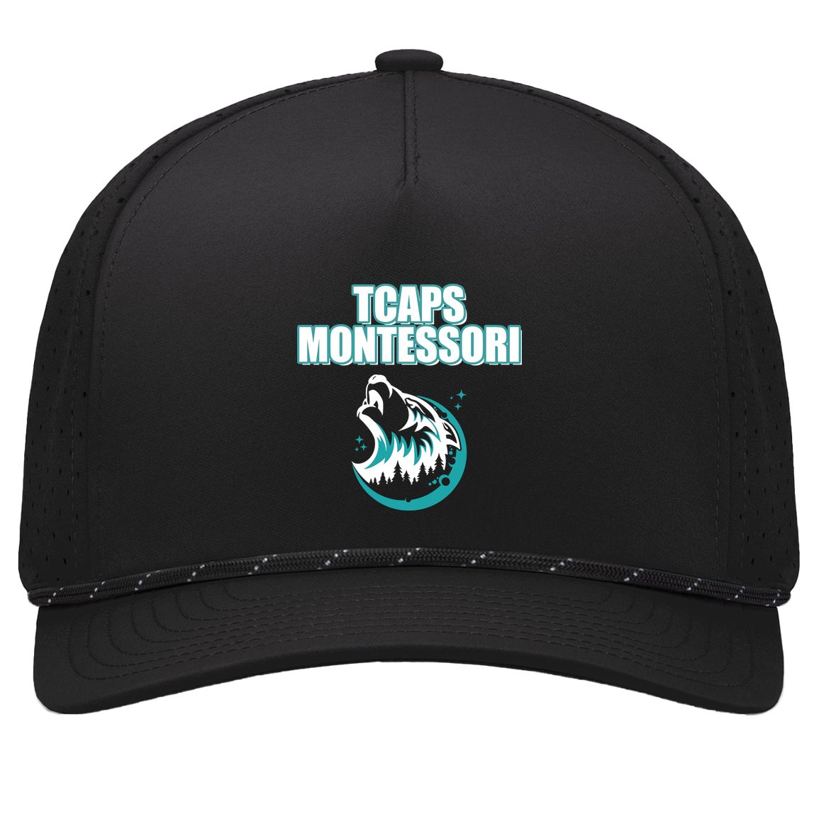 tcaps-montessori-echo-timberwolf-white-pacific-headwear-weekender-perforated-snapback-cap — Black/Black — Front — source sha256 01fea1018055e07686539e8313f7a5c557e864503f5c2e202b5875f5e54f0d00 — Color position 1