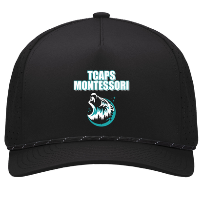 tcaps-montessori-echo-timberwolf-white-pacific-headwear-weekender-perforated-snapback-cap — Black/Black — Front — source sha256 01fea1018055e07686539e8313f7a5c557e864503f5c2e202b5875f5e54f0d00 — Color position 1