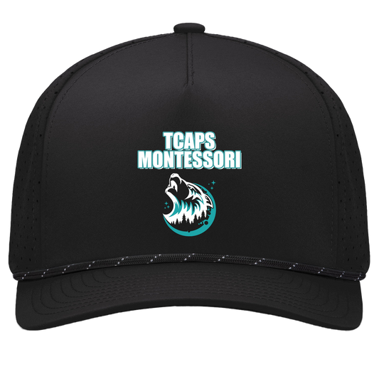 tcaps-montessori-echo-timberwolf-white-pacific-headwear-weekender-perforated-snapback-cap — Black/Black — Front — source sha256 01fea1018055e07686539e8313f7a5c557e864503f5c2e202b5875f5e54f0d00 — Color position 1
